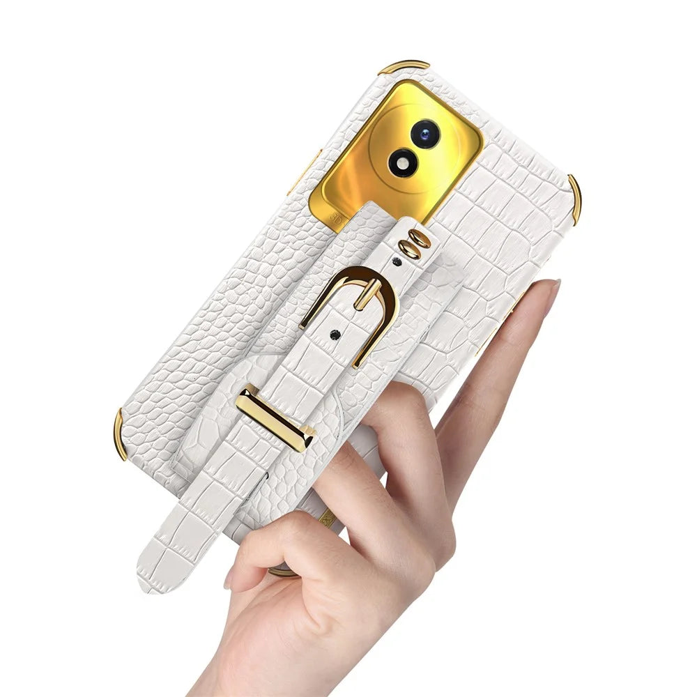 Wristband Kickstand Electroplating Case for vivo Y02 4G , PU Leather Coated TPU Phone Cover - White - 6
