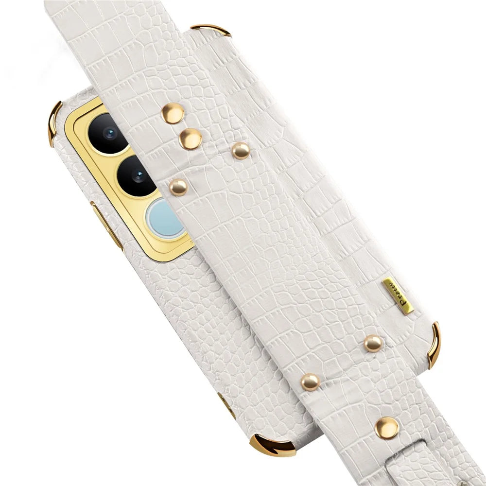 For vivo S17 5G PU Leather Coated TPU Case Wristband Kickstand Electroplating Phone Cover - White - 7