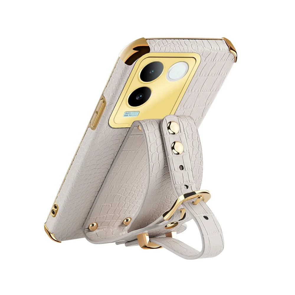 For vivo S17e 5G Wristband Kickstand Electroplating Phone Case PU Leather Coated TPU Phone Cover - White - 4