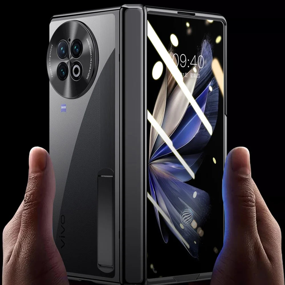 For vivo X Fold2 Hinge Protection PC Phone Case Kickstand Electroplating Clear Cover with Tempered Glass Film - Black - 3