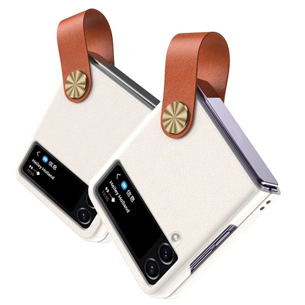 GKK Strap Kickstand Case for Samsung Galaxy Z Flip4 5G Anti-Drop Phone Cover PU Leather Coated Hard PC Case - White / Brown - 3