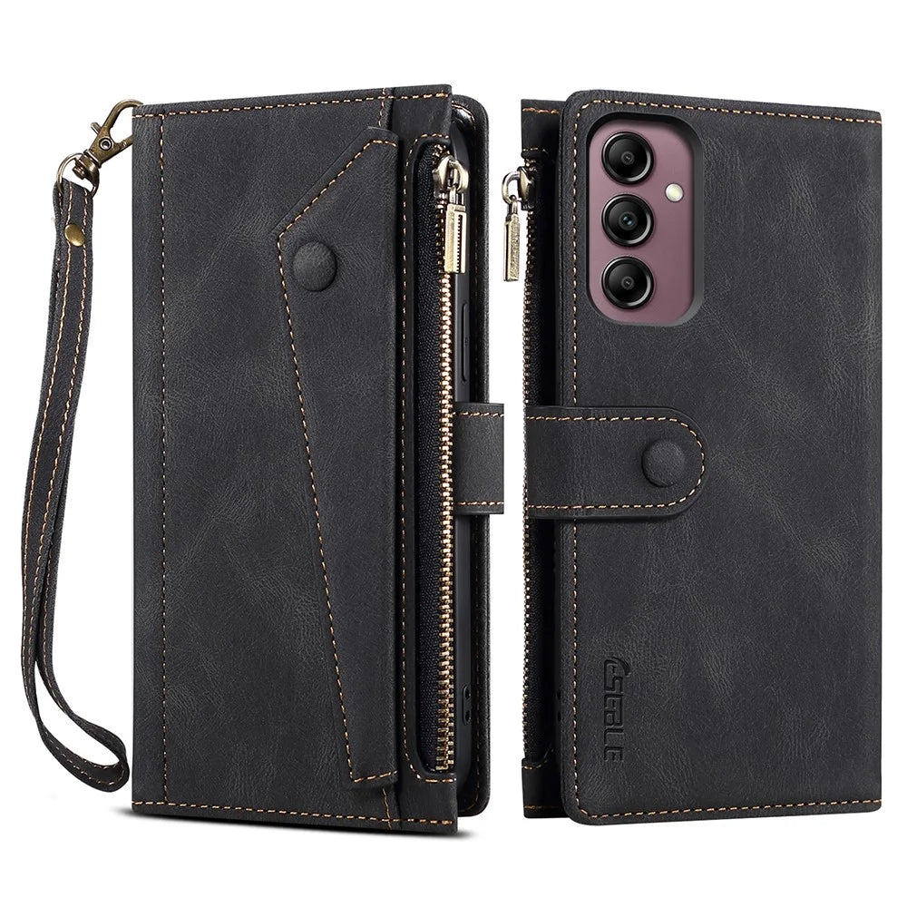 ESEBLE Star Series for Samsung Galaxy A25 5G (Global) (161.0 x 76.5 x 8.3mm) Case Zipper Pocket Wallet RFID Blocking Stand Cover - Black - 1