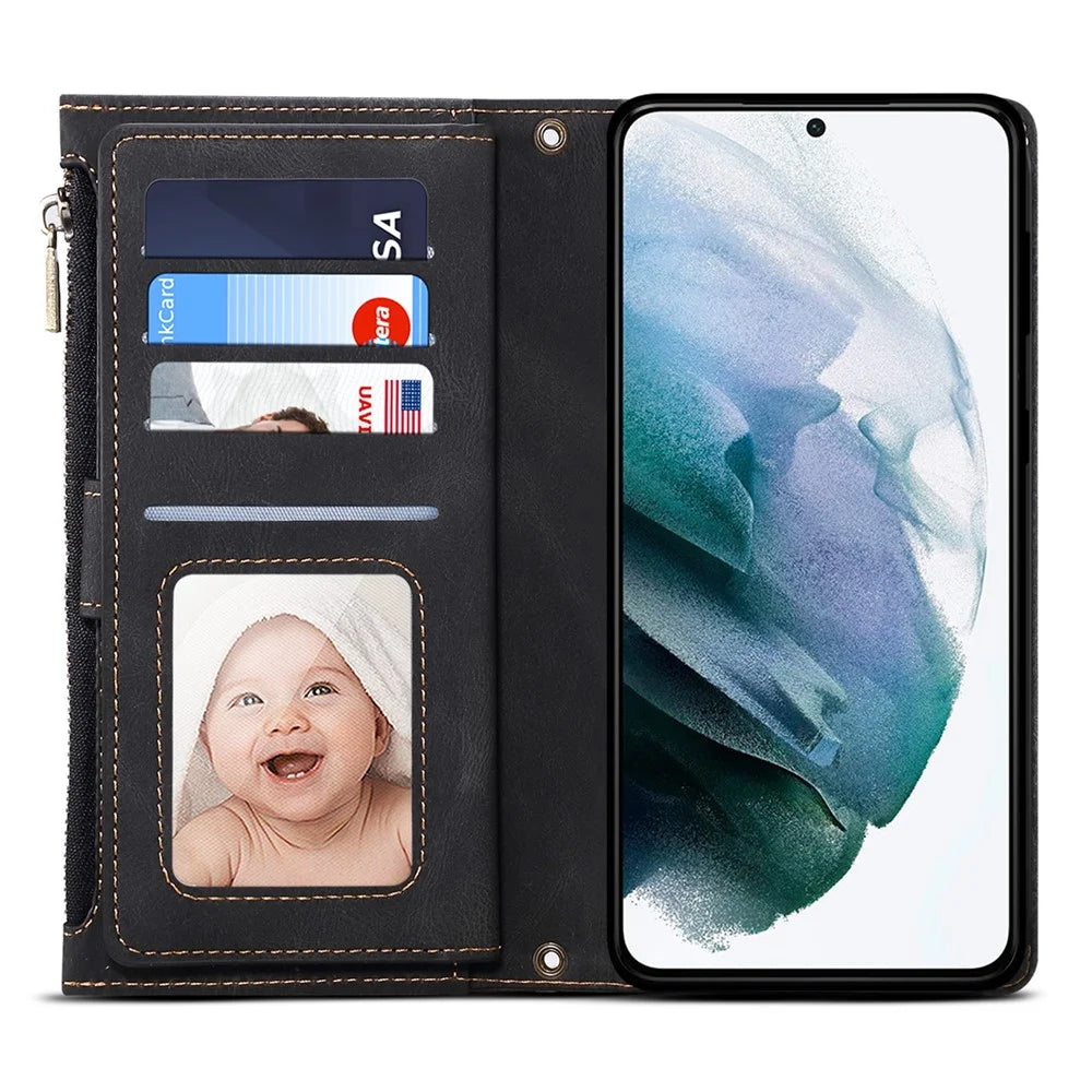 ESEBLE Star Series for Samsung Galaxy A25 5G (Global) (161.0 x 76.5 x 8.3mm) Case Zipper Pocket Wallet RFID Blocking Stand Cover - Black - 4