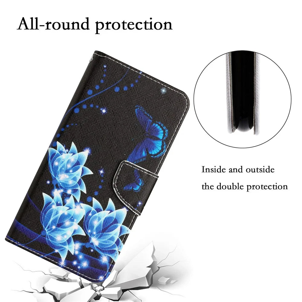For iPhone 15 Pattern Printing Flip Wallet Case PU Leather Stand Phone Cover with Strap - Blue Butterfly - 5