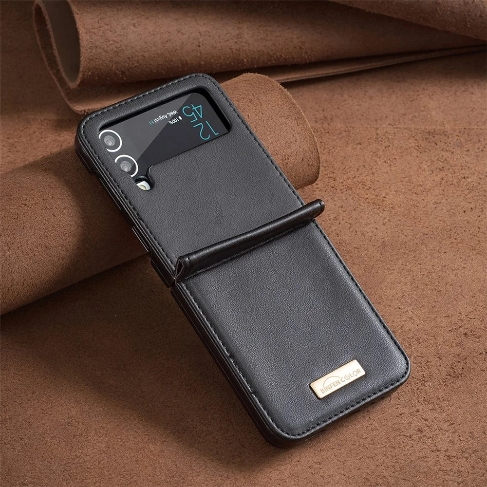 BINFEN COLOR For Samsung Galaxy Z Flip3 5G Phone Case PU Leather+PC Anti-Scratch Cover - Black - 6