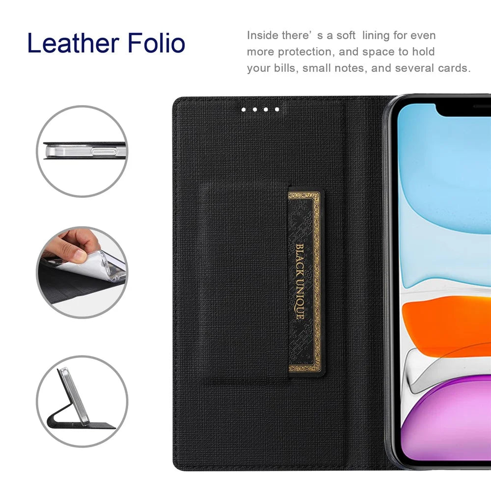 VILI DMX Series Ant-scratch Leather Phone Case for iPhone 15 , Stand Cover with Card Slot - Black - 3