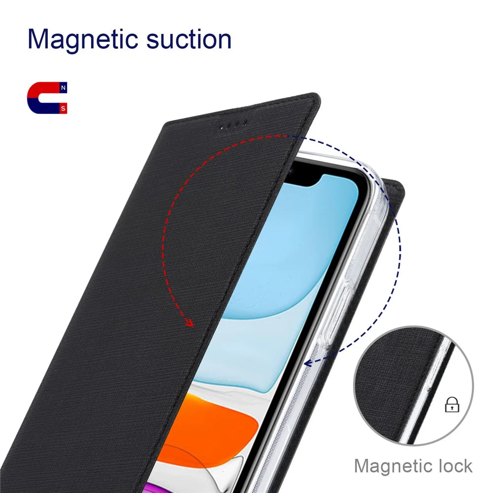 VILI DMX Series Ant-scratch Leather Phone Case for iPhone 15 , Stand Cover with Card Slot - Black - 6