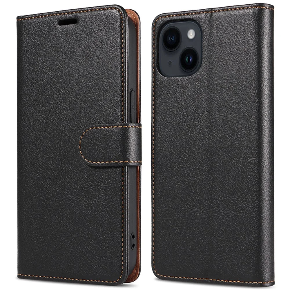 001 For iPhone 15 Pro Max Magnetic Closure Phone Case RFID Blocking Wallet PU Leather Stand Cover - Black - 1
