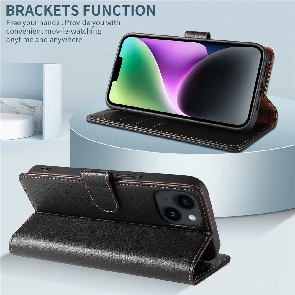 001 For iPhone 15 Pro Max Magnetic Closure Phone Case RFID Blocking Wallet PU Leather Stand Cover - Black - 2