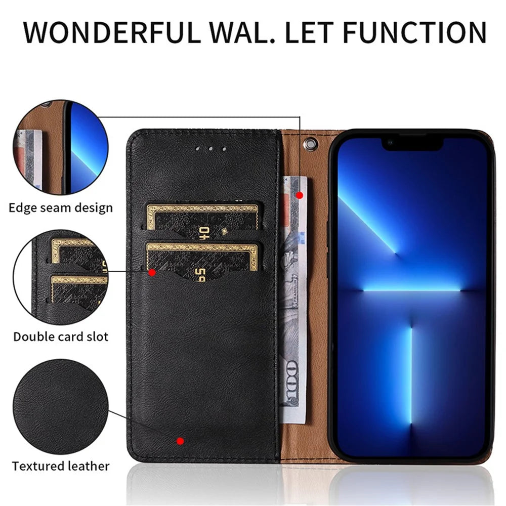 For iPhone 15 Pro Max Magnetic Closing Imprinted Anti-fall Cover Leather Wallet Stand Phone Case with Strap - Black - 2