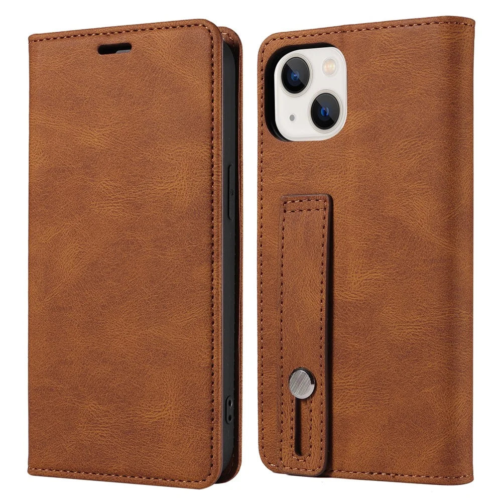 For iPhone 15 Pro Wristband Design PU Leather Phone Case Stand Wallet Cover - Brown - 1