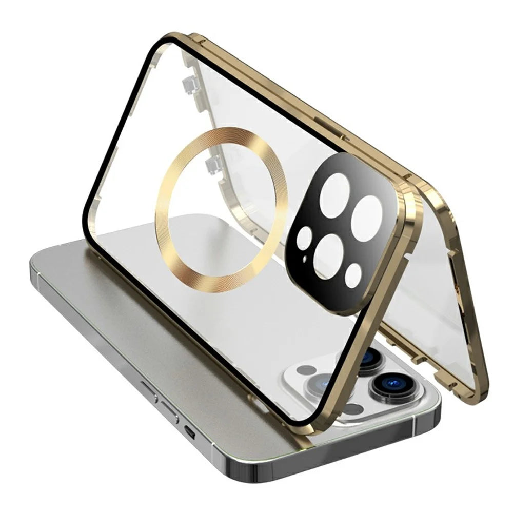 Buckle Lock Phone Cover for iPhone 15 Plus Magnetic Metal Frame + Dual-Sided Tempered Glass Case Compatible with MagSafe - Gold - 1