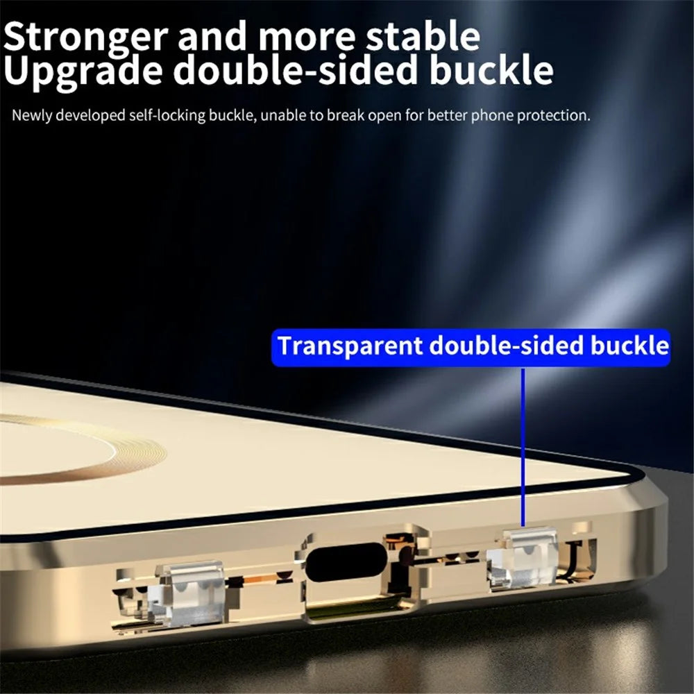 Buckle Lock Phone Cover for iPhone 15 Plus Magnetic Metal Frame + Dual-Sided Tempered Glass Case Compatible with MagSafe - Gold - 7