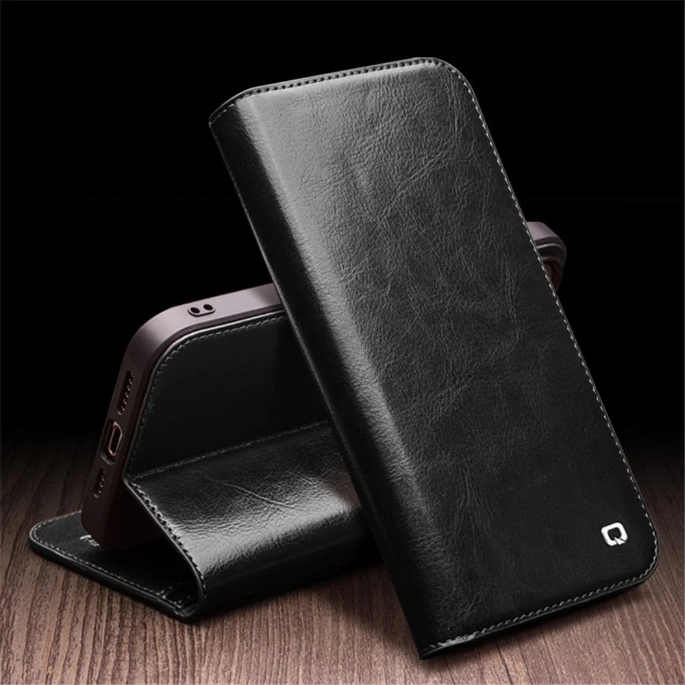 QIALINO For iPhone 15 Plus Anti-Drop Genuine Leather Phone Case Stand Full Wrapped Wallet Flip Cover - Black - 5