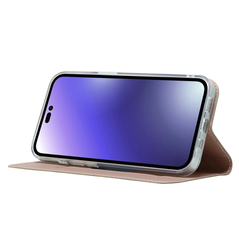 For iPhone 15 Pro Magnetic Closing PU Leather Phone Case Card Holder Flip Stand Cover - Rose Gold - 4