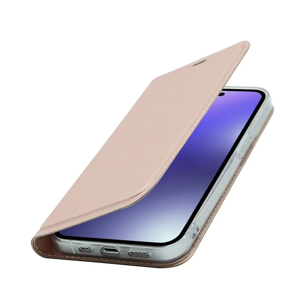 For iPhone 15 Pro Magnetic Closing PU Leather Phone Case Card Holder Flip Stand Cover - Rose Gold - 5