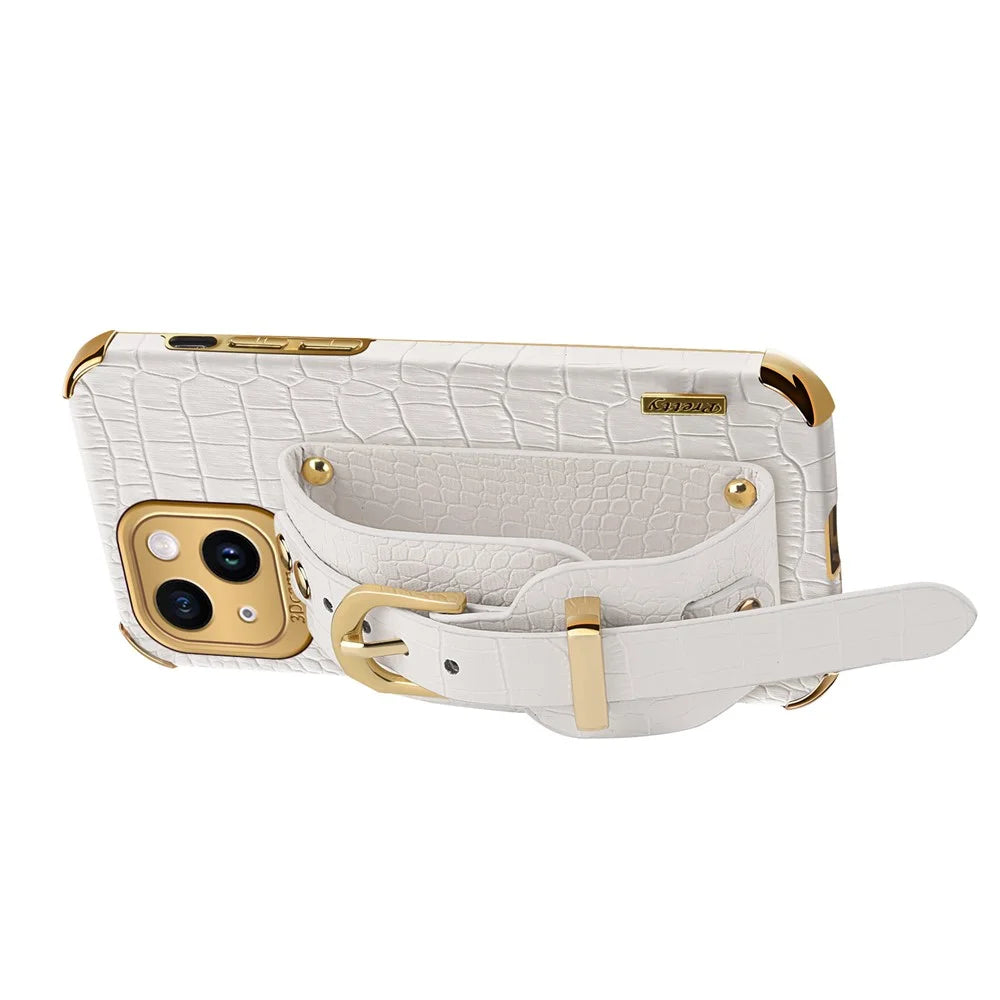 For iPhone 15 6D Electroplating Phone Cover PU Leather+TPU Back Case with Wristband Kickstand - White - 3
