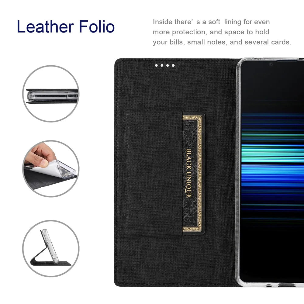 VILI DMX Series for Sony Xperia 5 V Case PU Leather Stand Phone Cover with Card Holder - Black - 2