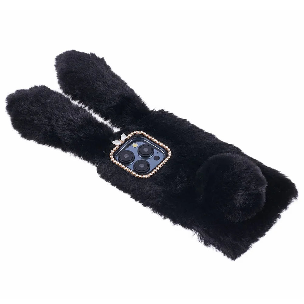 For iPhone 15 Pro Fluffy 3D Bunny Ears Cover Winter Warm Soft TPU Phone Case - Black - 3