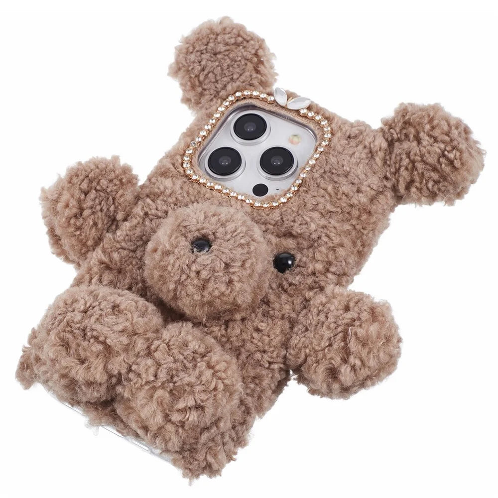For iPhone 15 Pro 3D Bear Furry Plush Case Soft TPU Winter Warm Protective Phone Cover - Brown - 5