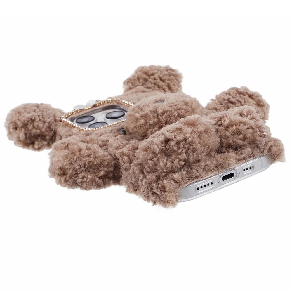 For iPhone 15 Pro 3D Bear Furry Plush Case Soft TPU Winter Warm Protective Phone Cover - Brown - 6