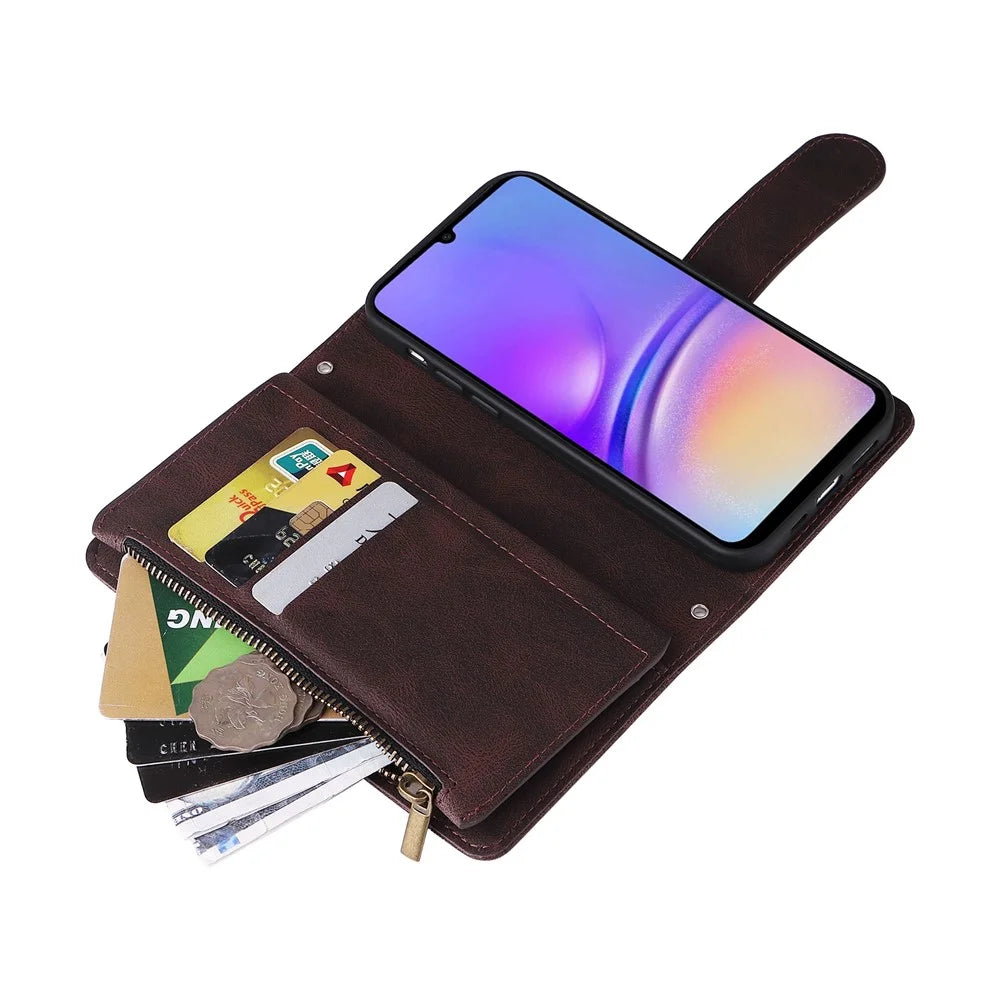 For Samsung Galaxy A05 4G Case Zipper Pocket Wallet Phone Leather Cover - Brown - 5
