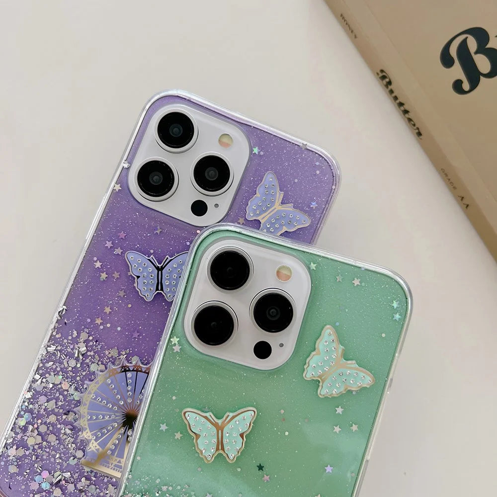 For iPhone 15 Pro Case TPU Epoxy Ferris Wheel Sparkle Glitter Cover - Green - 4