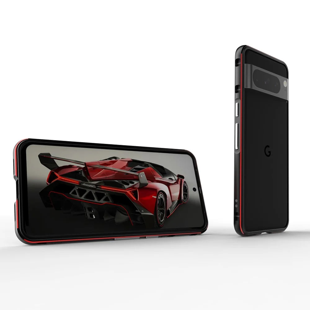For Google Pixel 8 Pro Case Slim Fit Metal Frame Bumper Cover - Black+Red - 2