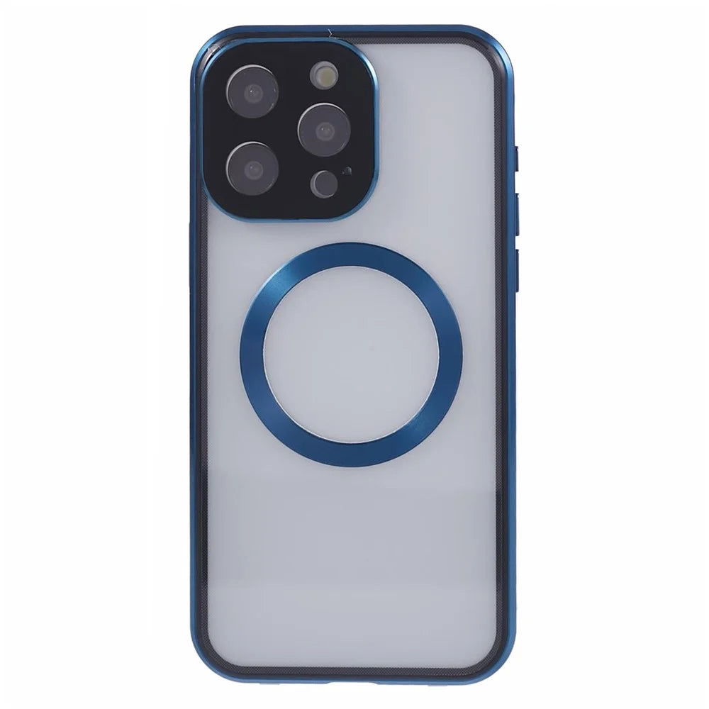 For iPhone 14 Pro Max Anti-Peep Case Tempered Glass Metal Bumper Phone Cover Compatible with MagSafe - Dark Blue - 4