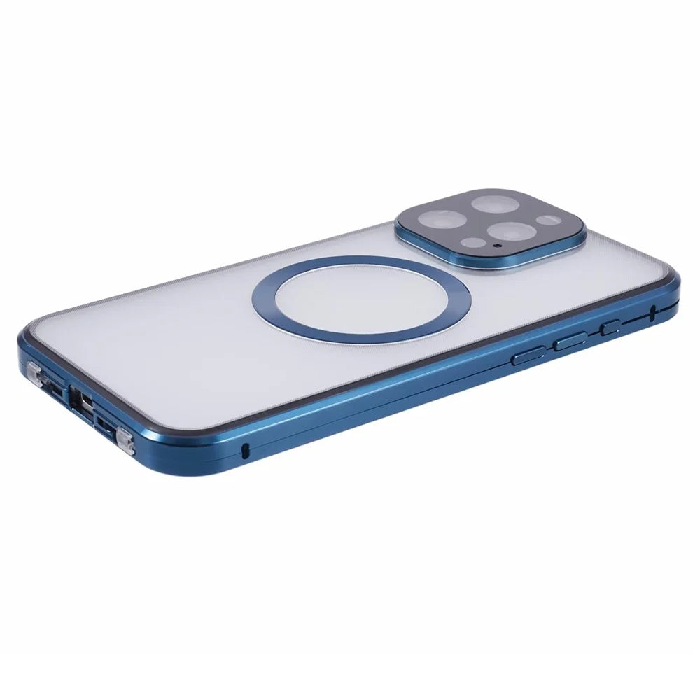 For iPhone 14 Pro Max Anti-Peep Case Tempered Glass Metal Bumper Phone Cover Compatible with MagSafe - Dark Blue - 7