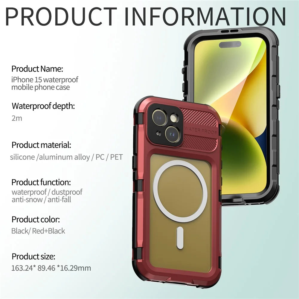 SHELLBOX M Series Metal IP68 Diving Case for iPhone 15 Waterproof Case Compatible with MagSafe - Red - 3
