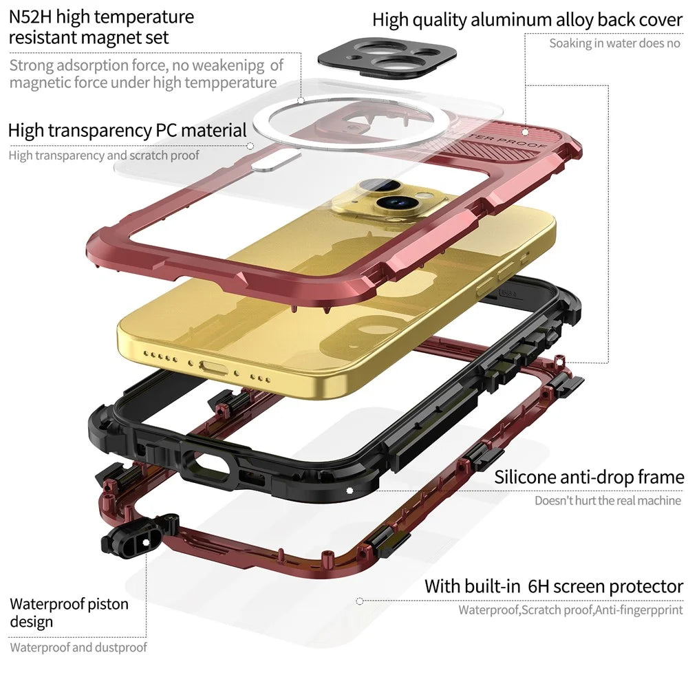 SHELLBOX M Series Metal IP68 Diving Case for iPhone 15 Waterproof Case Compatible with MagSafe - Red - 5