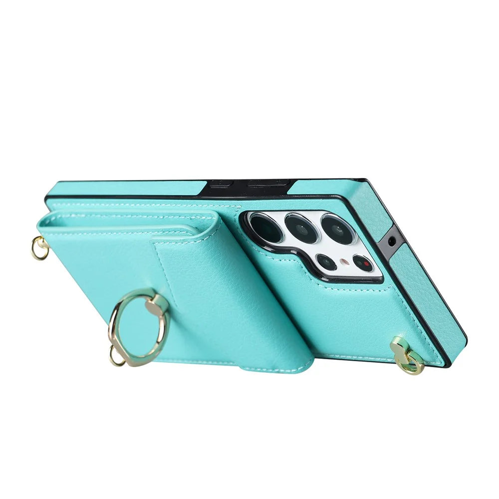 For Samsung Galaxy S23 Ultra Case PU Leather+TPU Kickstand Phone Cover with Shoulder and Wrist Straps - Mint Green - 3