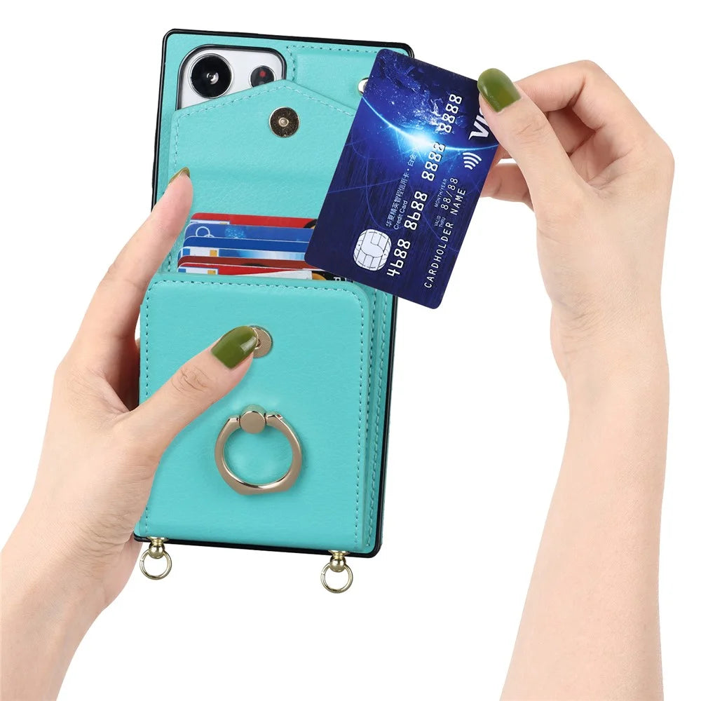 For Samsung Galaxy S23 Ultra Case PU Leather+TPU Kickstand Phone Cover with Shoulder and Wrist Straps - Mint Green - 7