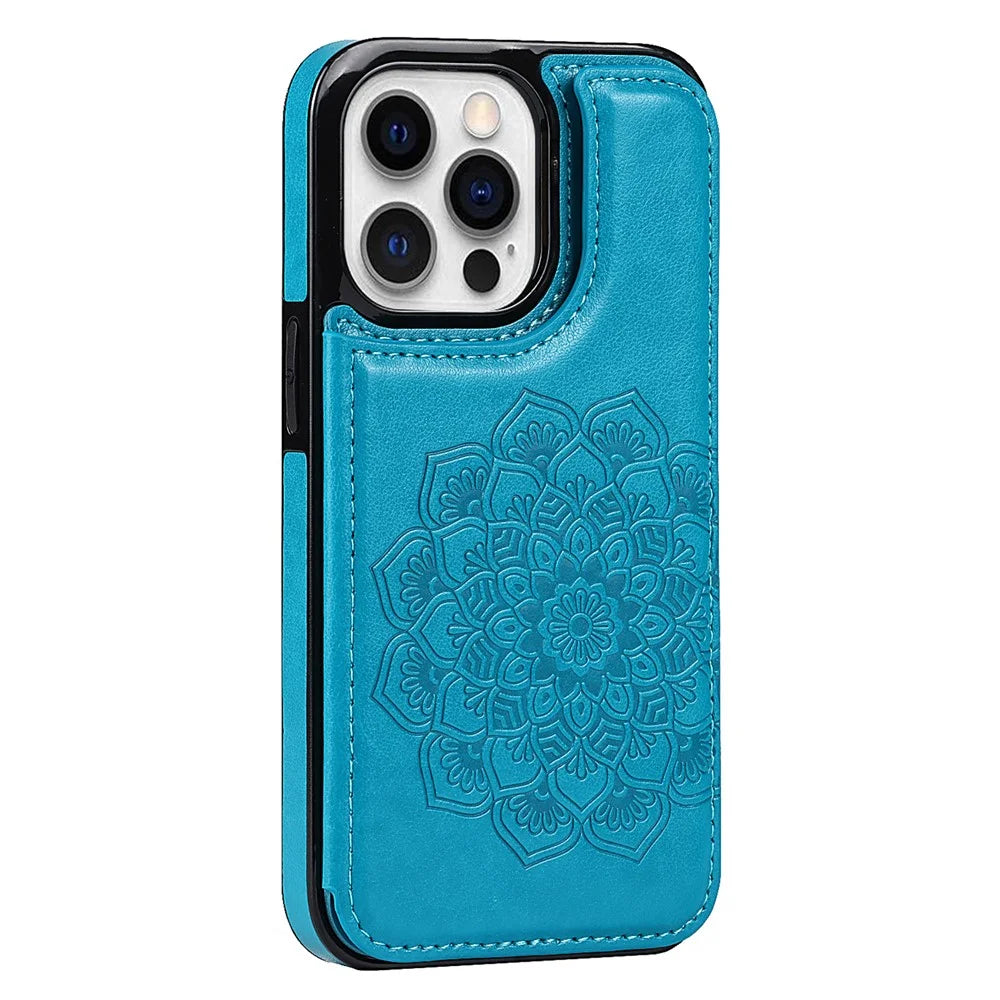 For iPhone 14 Pro Cell Phone Case Mandala Imprinted Drop Proof PU Leather+TPU Cover - Blue - 1