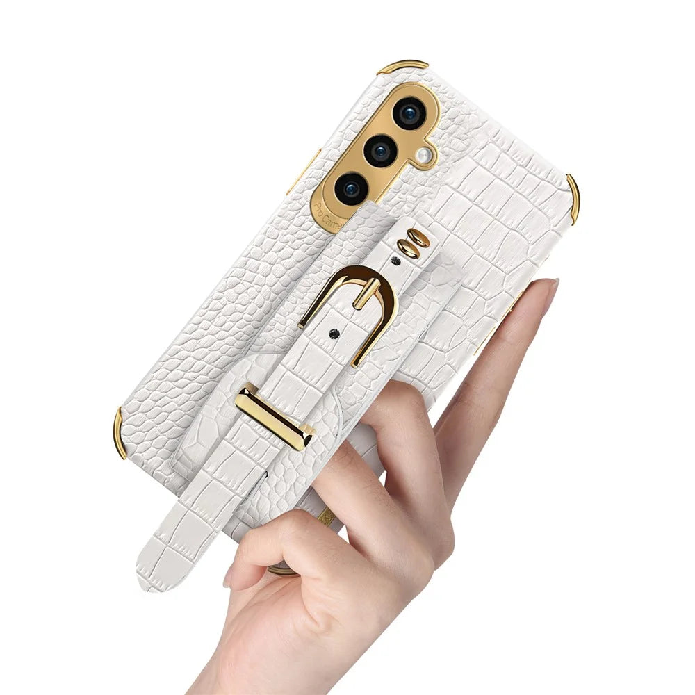 For Samsung Galaxy A05s 4G Cell Phone Case Electroplated Leather+TPU Anti-scratch Cover with Wristband - White - 5