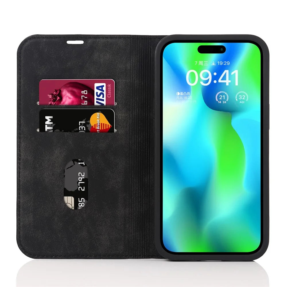 For iPhone 15 Pro Max Magnetic Phone Case PU Leather Shockproof Stand Cover - Black - 2