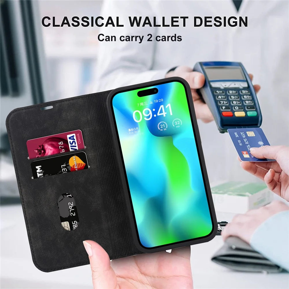 For iPhone 15 Pro Max Magnetic Phone Case PU Leather Shockproof Stand Cover - Black - 5