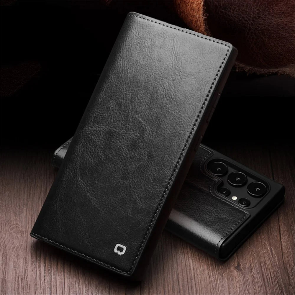 QIALINO For Samsung Galaxy S24 Ultra Case Wallet Flip Stand Phone Cover Genuine Cow Leather - Black - 4