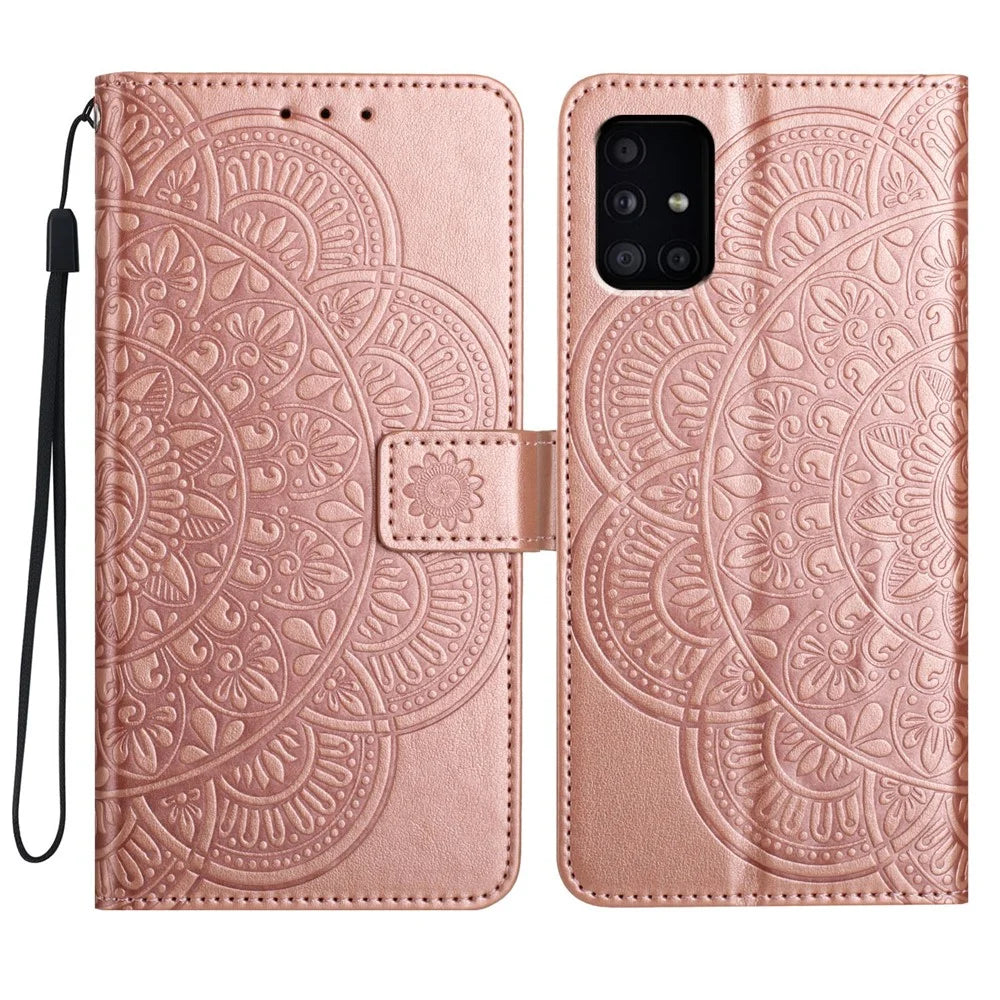 For Samsung Galaxy A51 4G SM-A515 PU Leather Wallet Case Imprinted Flower Cover - Rose Gold - 1