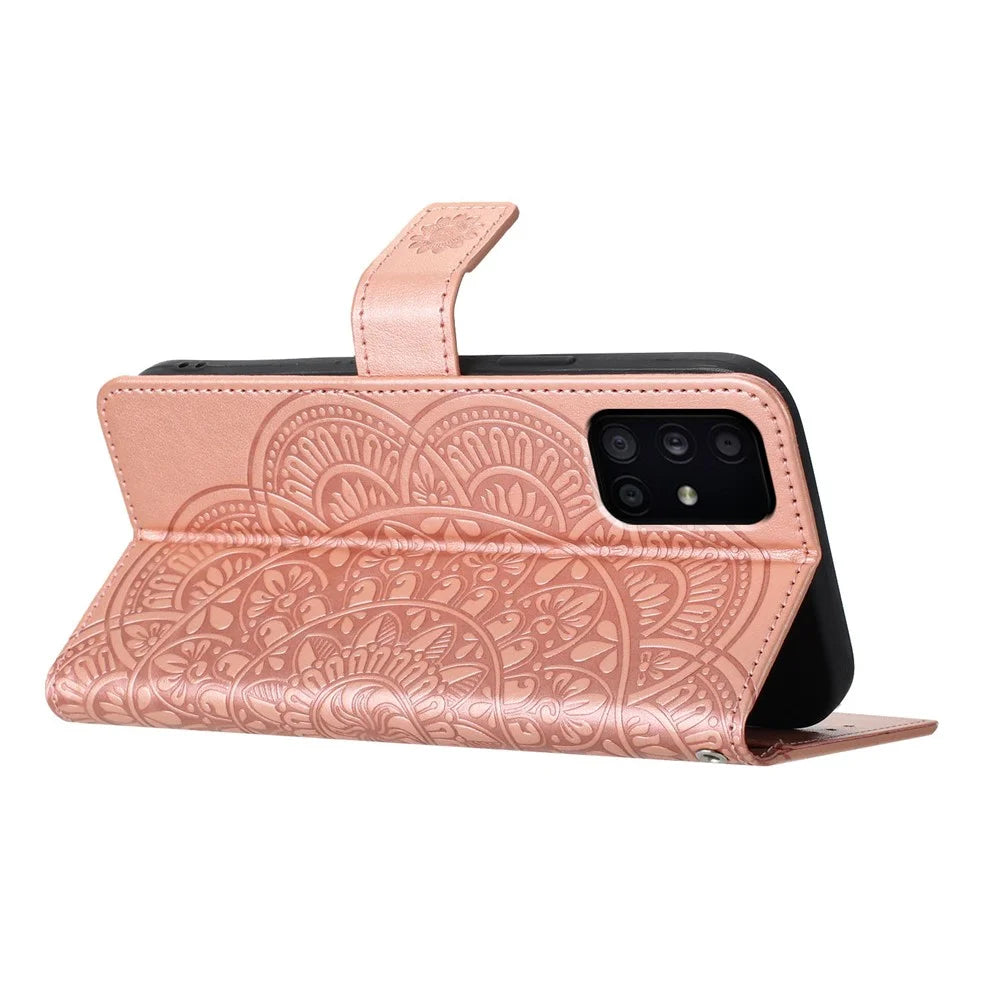 For Samsung Galaxy A51 4G SM-A515 PU Leather Wallet Case Imprinted Flower Cover - Rose Gold - 2