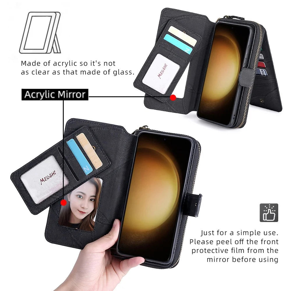 MEGSHI 004 Series For Samsung Galaxy S23 FE Detachable Phone Case Wallet Stand Cover Magnetic Leather Phone Cover - Black - 5