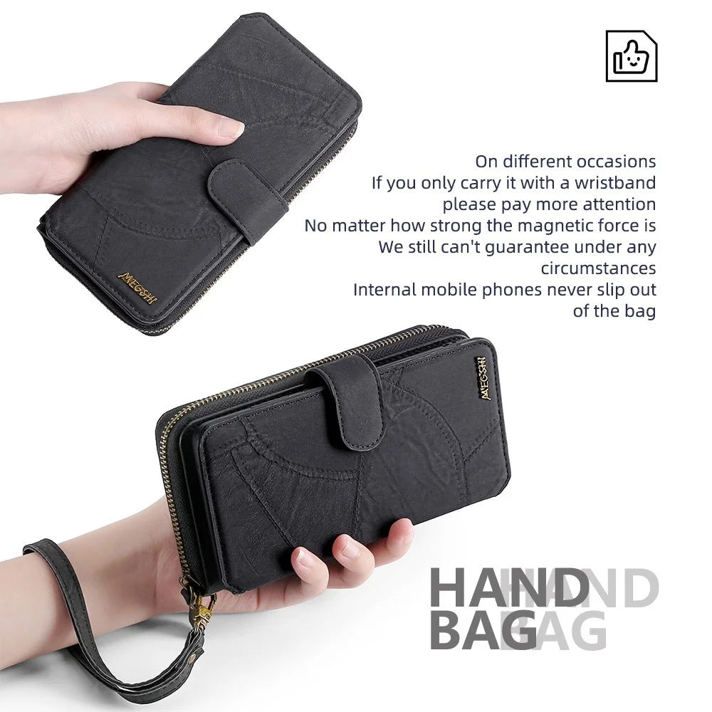 MEGSHI 004 Series For Samsung Galaxy S23 FE Detachable Phone Case Wallet Stand Cover Magnetic Leather Phone Cover - Black - 7