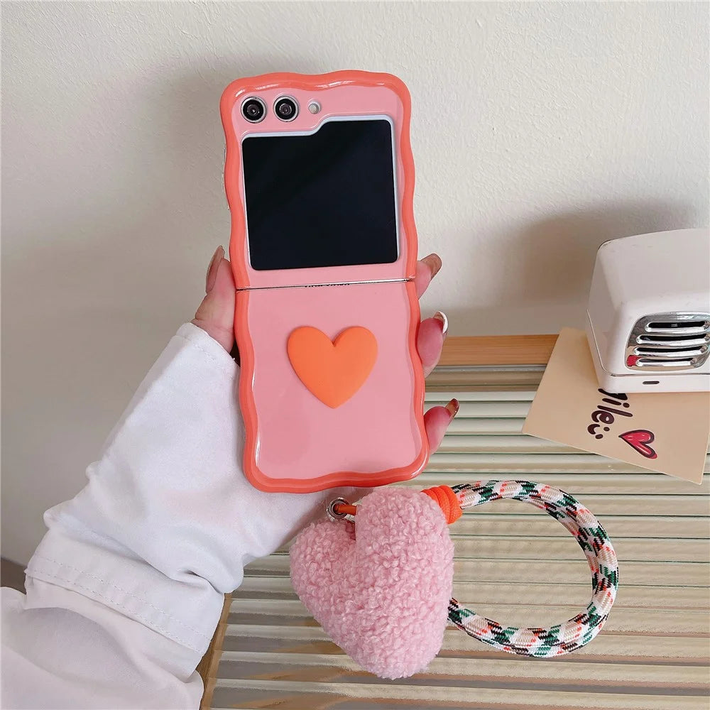 For Samsung Galaxy Z Flip5 5G Case Heart Pattern TPU Phone Cover with Hand Strap - Orange+Pink - 2