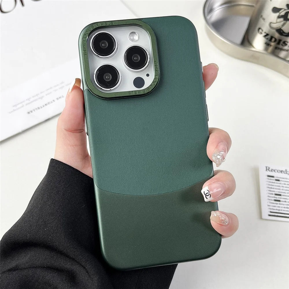 For iPhone 15 Pro Max Phone Case Nappa Texture Leather+PC Back Cover - Green - 1