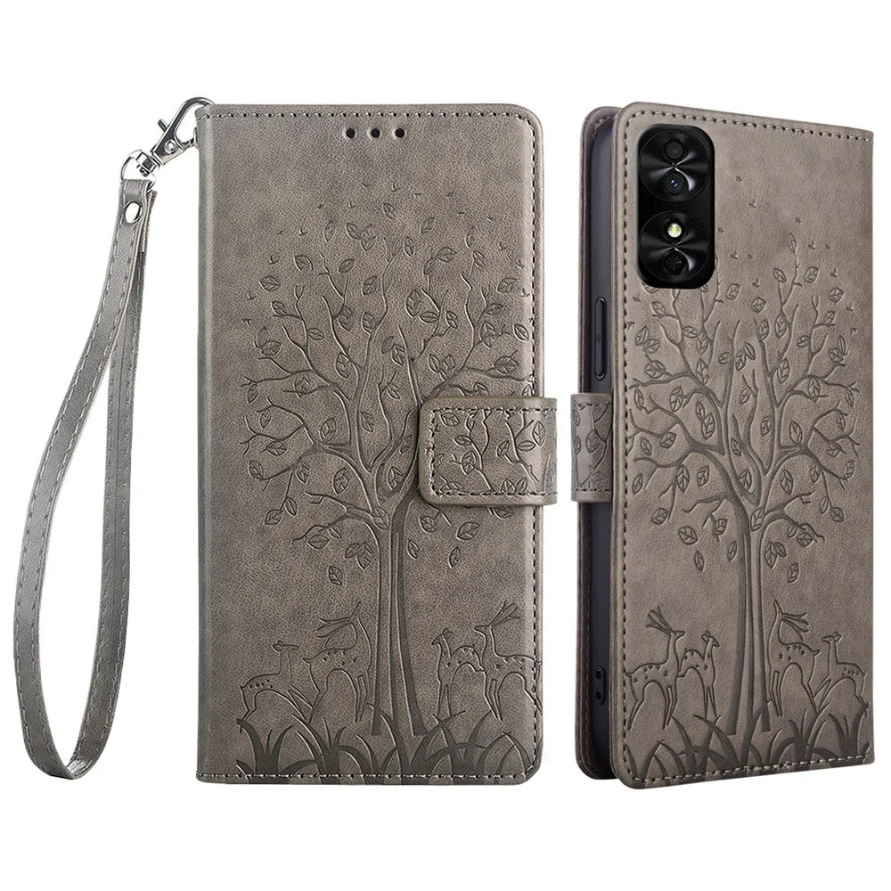 For TCL 50 SE Wallet Case PU Leather Deer Tree Pattern Phone Cover - Grey - 1