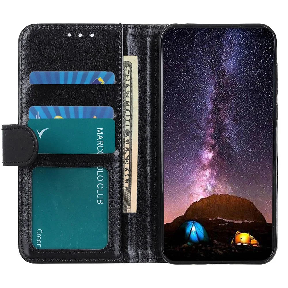 For iPhone 16 Case Crazy Horse Texture PU Leather Wallet Phone Cover - Black - 2