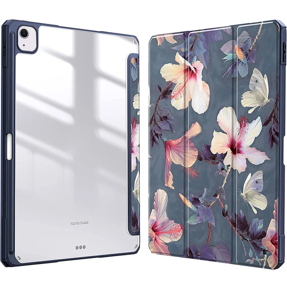 Bulk Purchasing For iPad Air 13 (2026) / (2025) / (2024) Case Tri-Fold Stand Pattern Leather+TPU+Acrylic Tablet Cover - Grey / Flower - 1