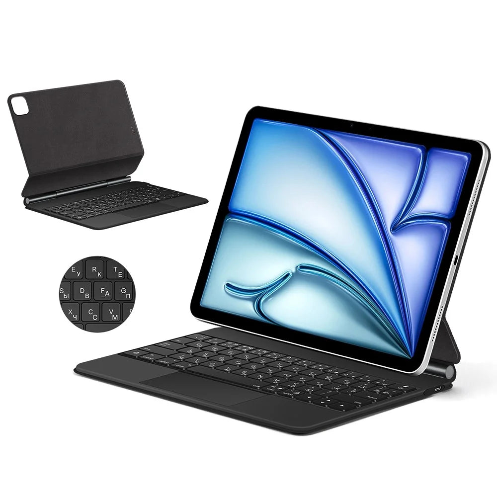 Keyboard For iPad Air 13 (2026) / (2025) / (2024) / Pro 12.9 (2022) (2021) (2020) (2018) Pogo Pin Direct Connection Keyboard (Arabic) Leather Case - Black - 2