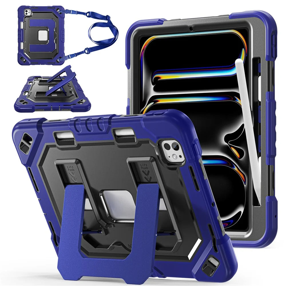 For iPad Pro 11 (2024) / Pro 11 (2025) Case Shockproof PC + TPU + Silicone Protective Cover with Shoulder Strap / Pen Holder - Navy Blue+Black - 1